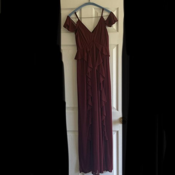 Express Cold Shoulder Ruffle Maxi Dress, Burgundy, S - Picture 5 of 7